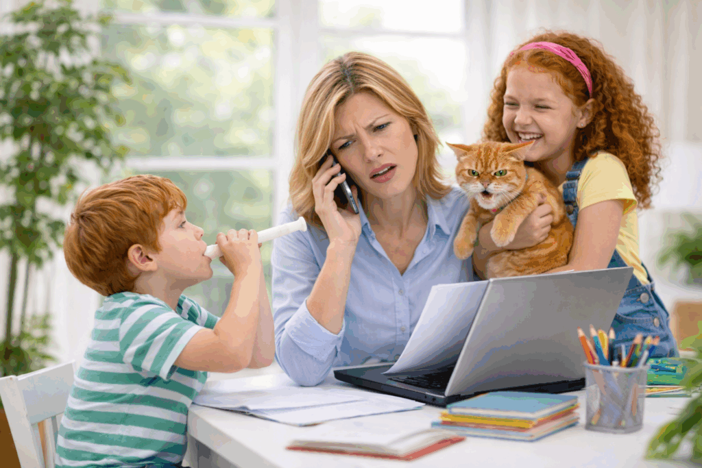 Parent managing phone communication and paperwork at a desk while children and a pet are present in a home learning environment