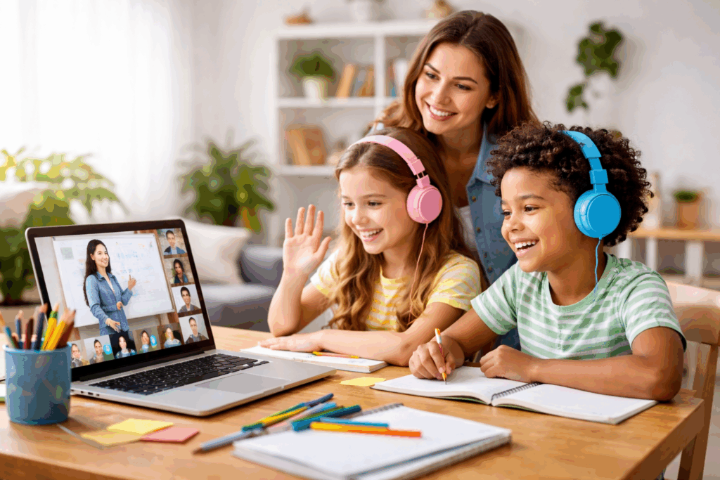 Children participating in online learning at a structured homeschool support hub, supported by a parent and guided curriculum resources.