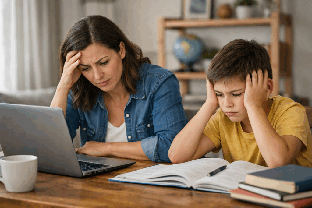 Parent and child struggling with homeschooling together with a laptop and workbook at a table