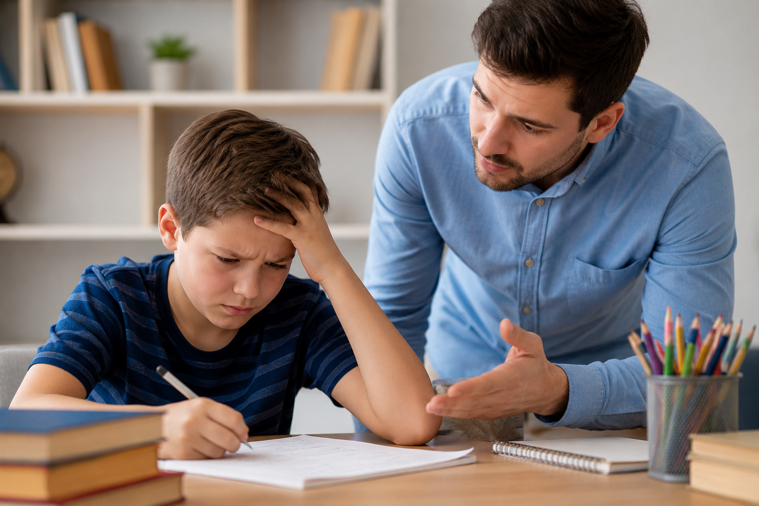 Homeschool student falling behind in homeschooling while a teacher provides support and guidance.